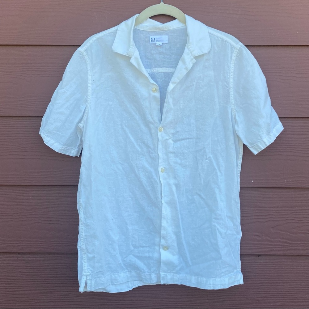 Gap Linen Cotton Blend White Collared Button Up T Shirt Blouse Size XS